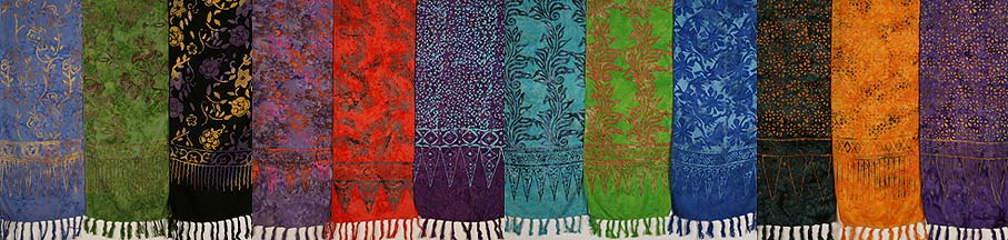 RAYON, BATIK, EMBROIDERED and SILK SCARVES AND HALF SARONGS